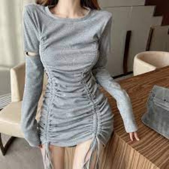 The Kript Ruched Bodycon Mini Dress Gray Large Long Sleeves Ribbed Knit NEW - Picture 3 of 10